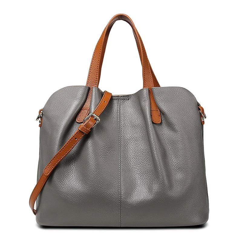 Premium Real Leather Contrast Tote - Large Capacity 2-in-1 Commuter Bag