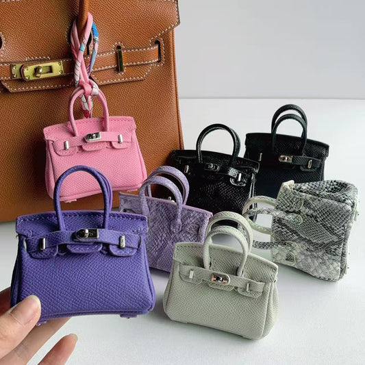 Inspired Mini Burkin Handbag Charm Snakeskin textured Glossy Leather Earphone Storage Bag