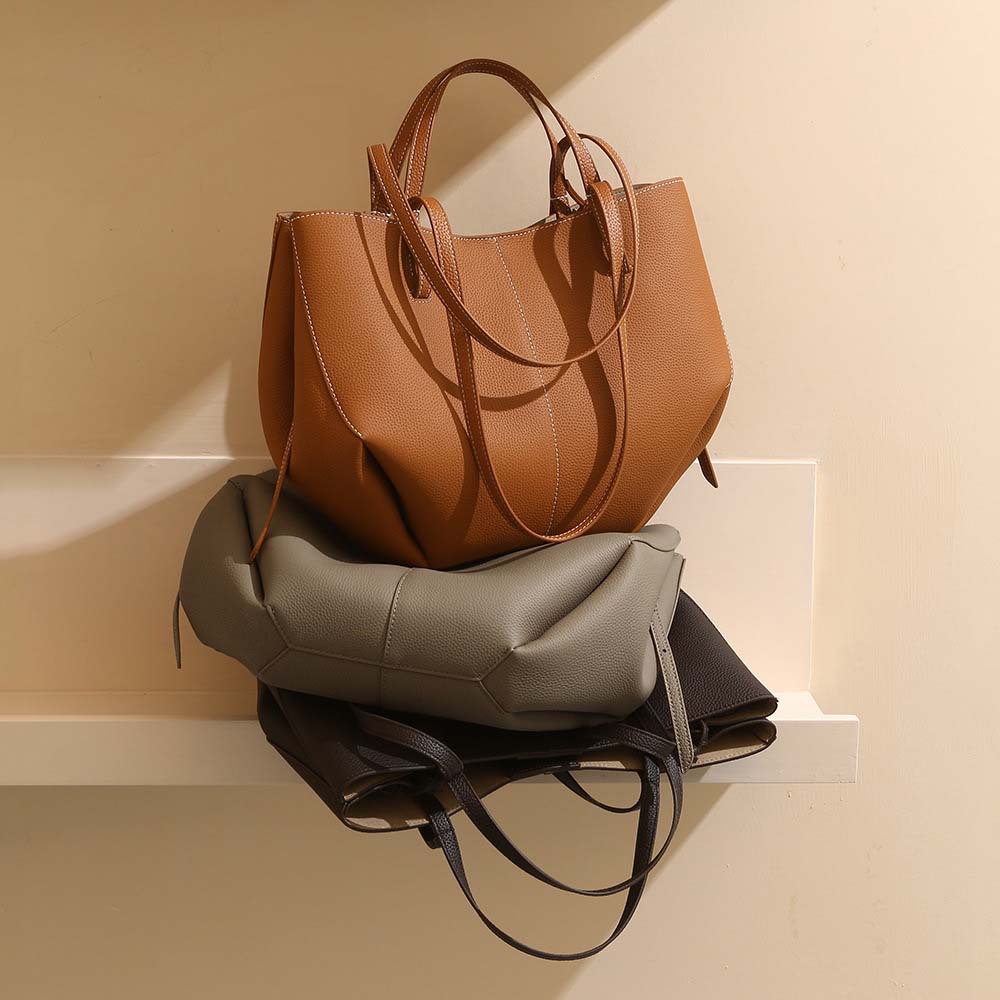 Genuine Leather Pleated Tote Bag Large Capacity Handbag with Pouch