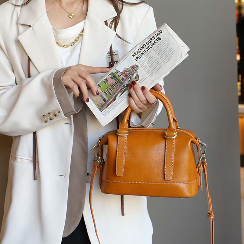 Vegetable-tanned Leather Boston Bag | Cowhide Crossbody Handbag