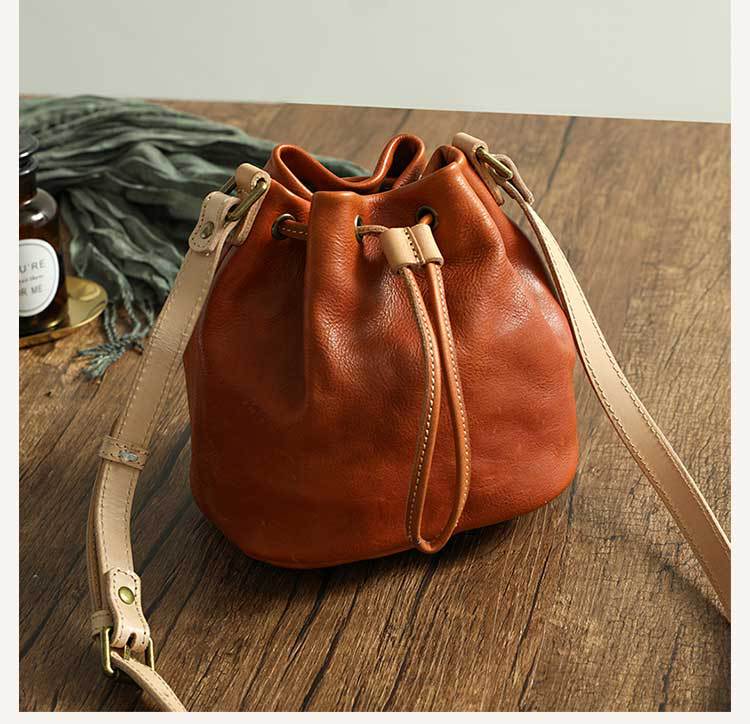Drawstring Retro Vegetable Tanned Leather Bucket Bags Woman Genuine Leather Bag