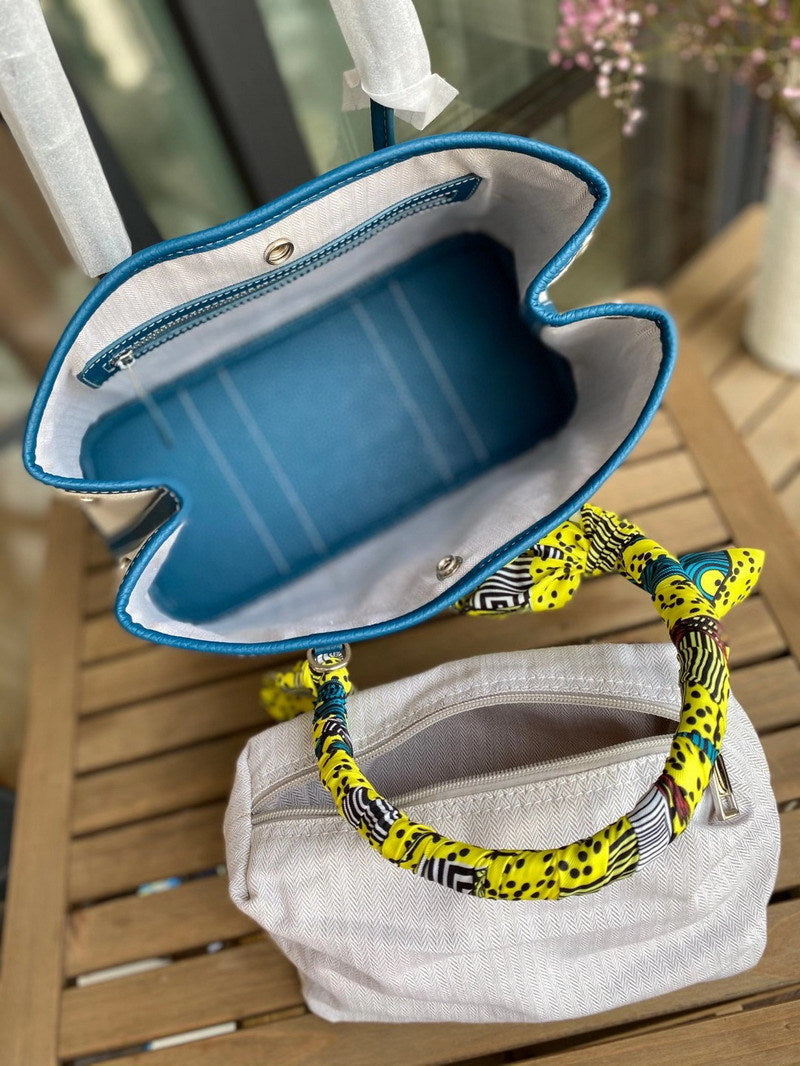 Canvas & Leather Inspired Garden Party Bag Contrast Color Handbags for Woman