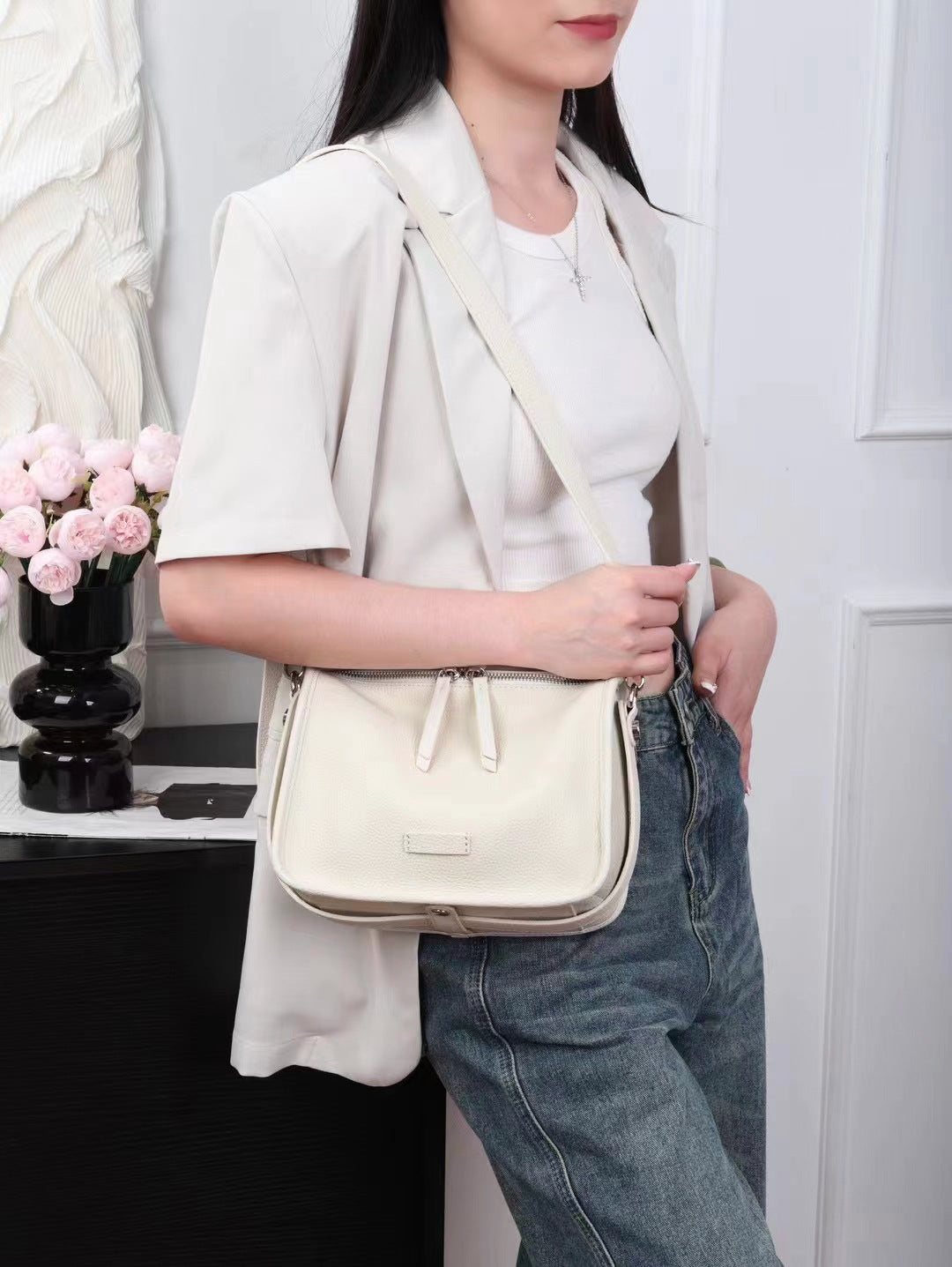 Top Grain Leather Handbag with Detachable and Adjustable Strap