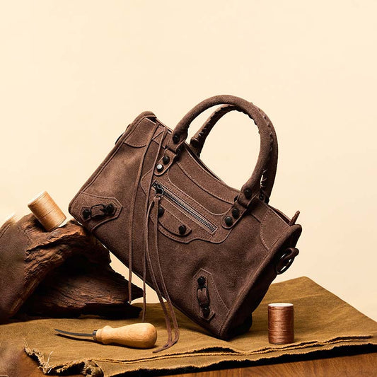 Nubuck Leather Moto City Tote Bag - Large Studded Hobo Purse