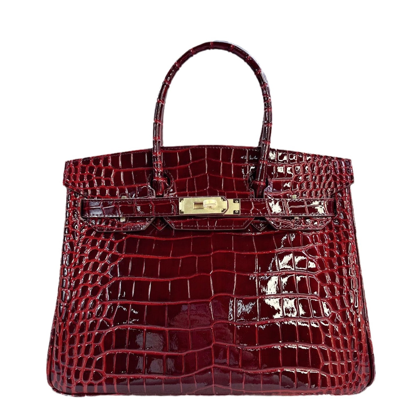 Bordeaux Red brekin handbag with a gold strap
