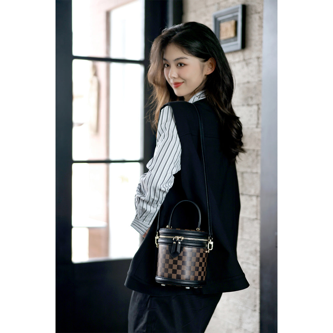 HANDSEWGIFT Top Grain Leather Checker Bucket Bag DIY Kits