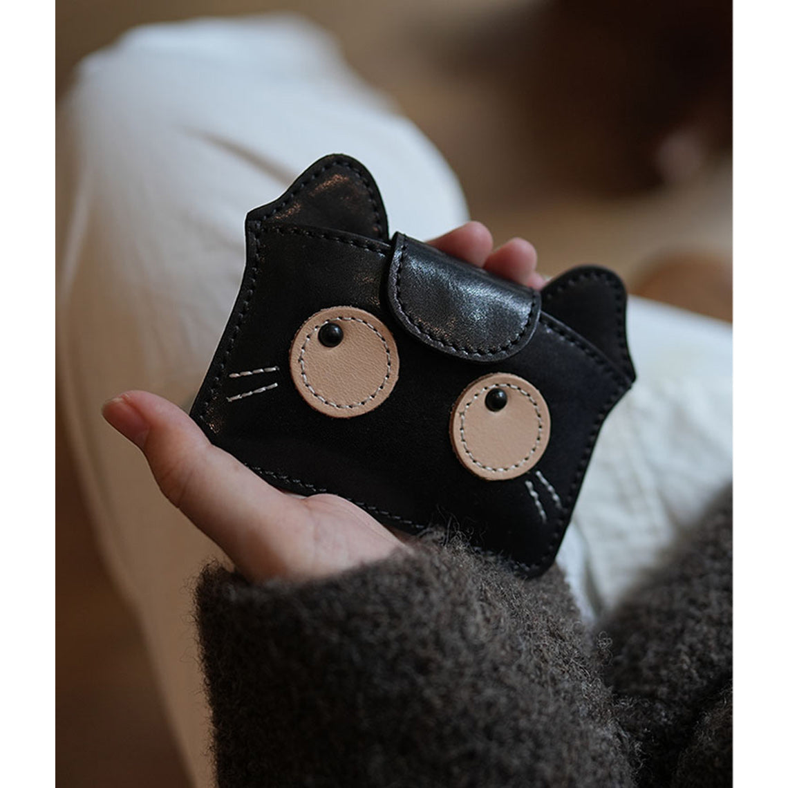 Black Leather Small Wallet Change Purse for Women | Cute Kitty Design Wallet