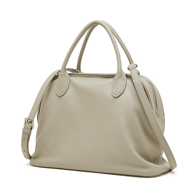 Light Grey pebbled leather bowling bag.