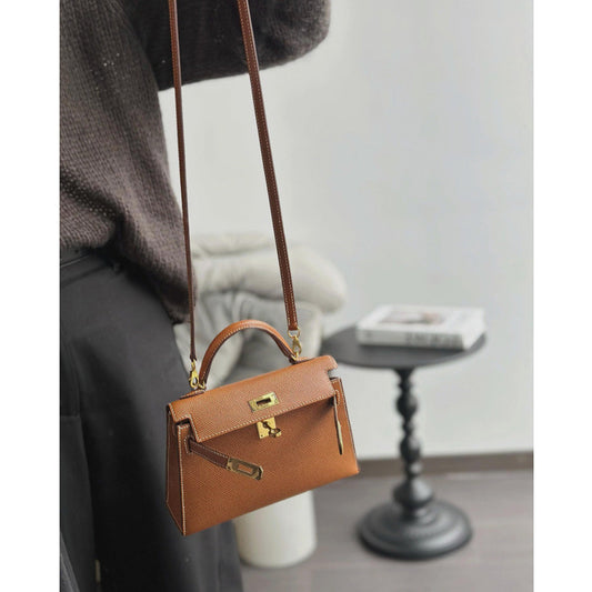 Mini Kelly Gold Brown Gold Hardware Bag-02