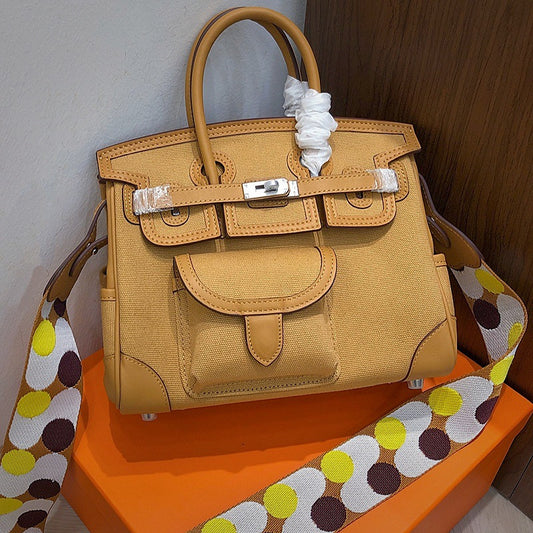 Inspired Berkin Bag Toile Canvas Swift Leather Handbags 25cm | Automatic 20% OFF at Checkout