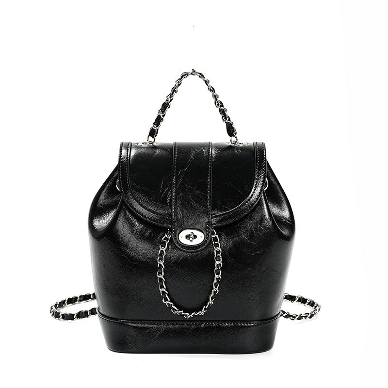 Retro Silver Leather Chain Bag Woman Travel Backpack