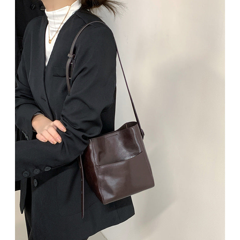 Vintage Vegetable Tanned Leather Bucket Bag - Minimalist Crossbody
