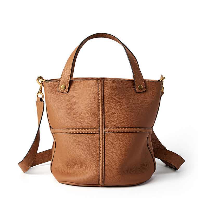 Premium Full Grain Leather Bucket Bag - Minimalist Daily Tote