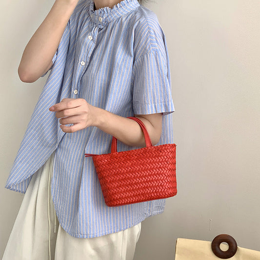 Woven Cowhide Tote Bag — Holiday-Style Small Woven Leather Crossbody Bag