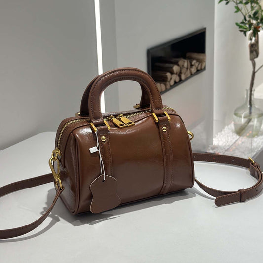 Retro Leather Boston Barrel Bag | Compact & Chic