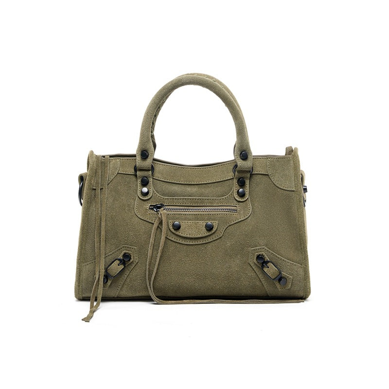 Nubuck Leather Moto City Tote Bag - Large Studded Hobo Purse