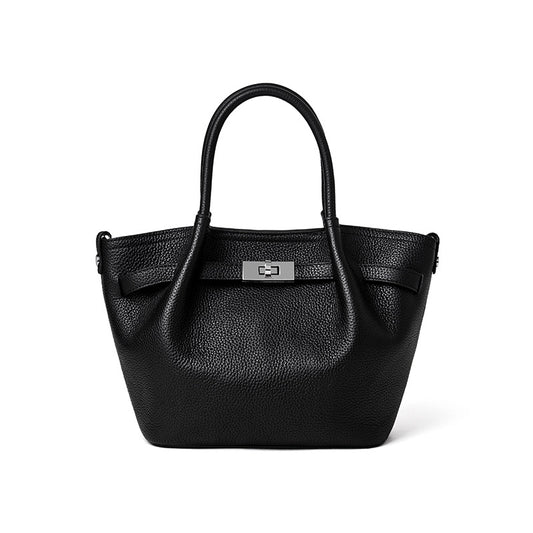 Black TC textured leather commuter tote bag, 2-way carry small handbag with silver hardware buckle.