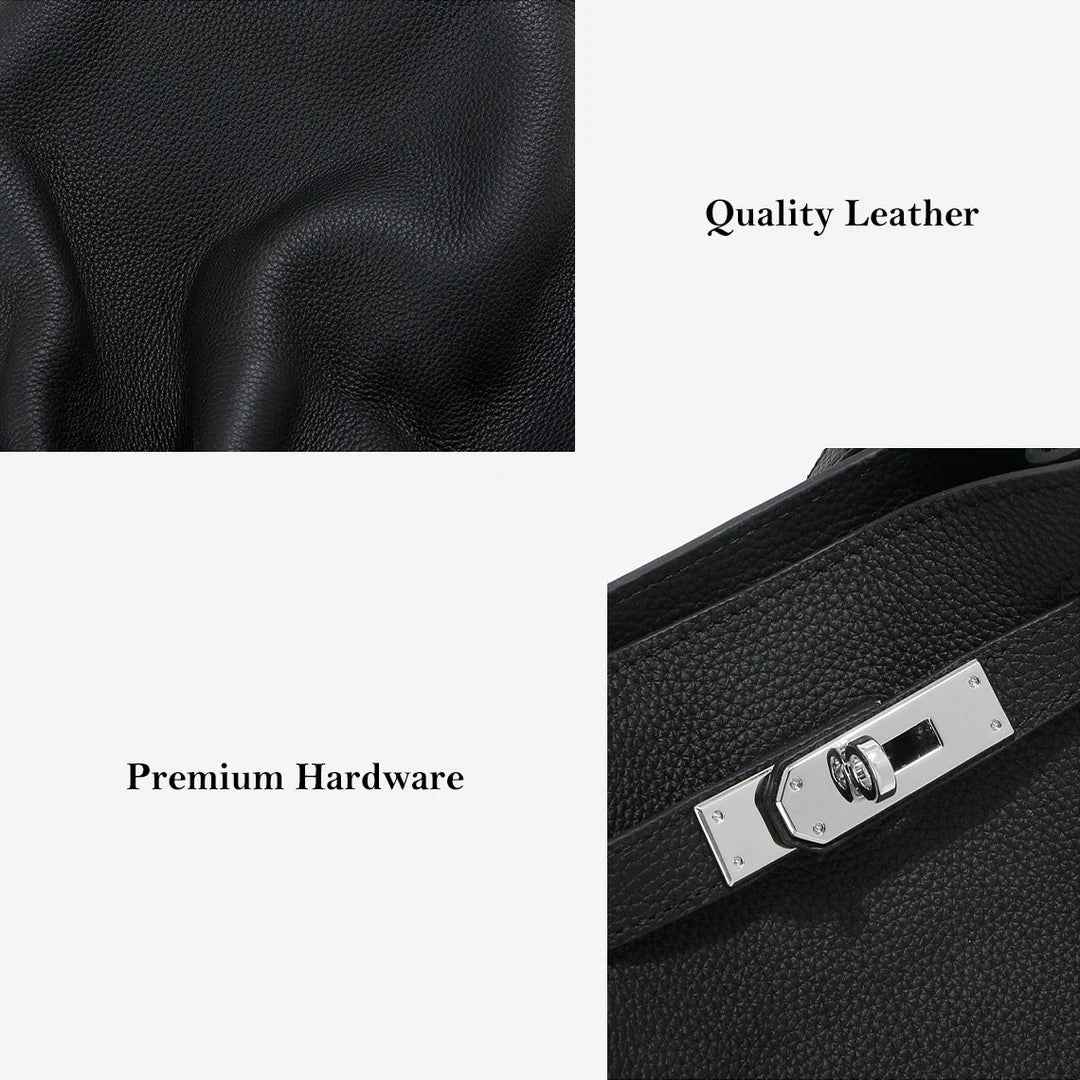 Close-up of black pebbled top-grain leather texture and premium silver turn-lock hardware on a Kelly bucket bag.