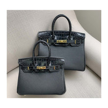 Load image into Gallery viewer, Black Leather Luxury Handbag with Crocodile Flap | Birkin Size 25 and 30