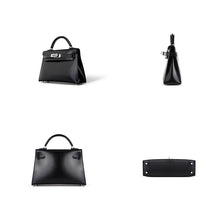 Load image into Gallery viewer, Black Mini Kelly Bag with Silver Hardware | Black Leather Top Handle Bag