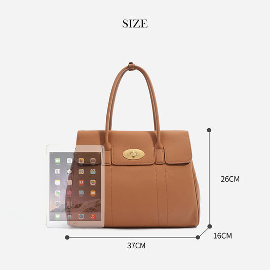 Brown pebbled leather tote bag size dimensions with tablet comparison.