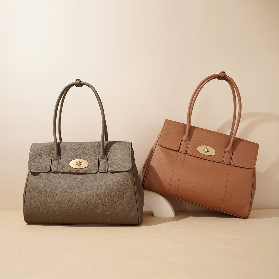 Top Grain Leather Large Handbag | Brown and Taupe Leather Tote.