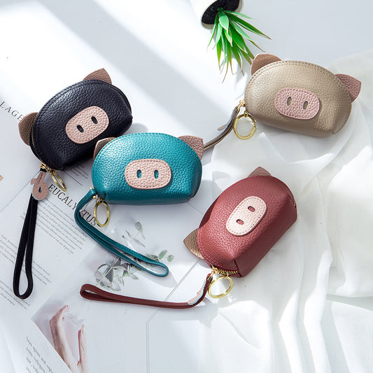 Cute Pig Coins Purse Top Grain Leather Lipstick Case