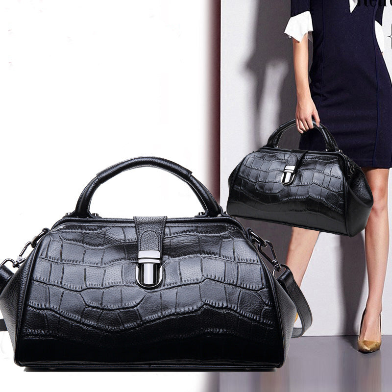 Crocodile-embossed Genuine Leather Doctor Bag Women Tote Bag