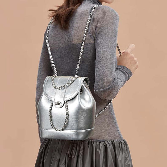 Retro Silver Leather Chain Bag Woman Travel Backpack