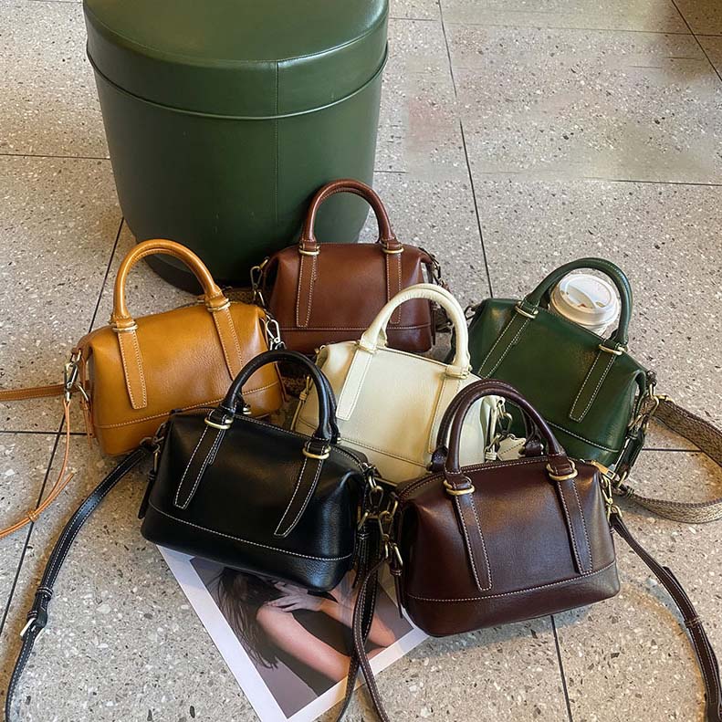 Vegetable-tanned Leather Boston Bag | Cowhide Crossbody Handbag