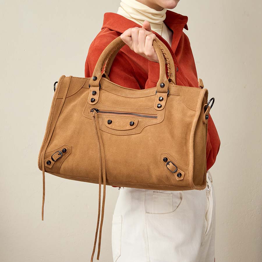 Nubuck Leather Moto City Tote Bag - Large Studded Hobo Purse