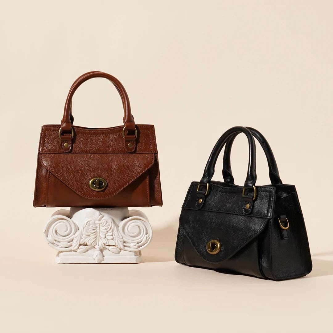 Genuine Leather French Square Bag - Top Grain Cowhide Crossbody