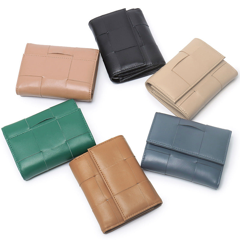 Woven Sheep Leather Trifold Wallet Short Card Holder