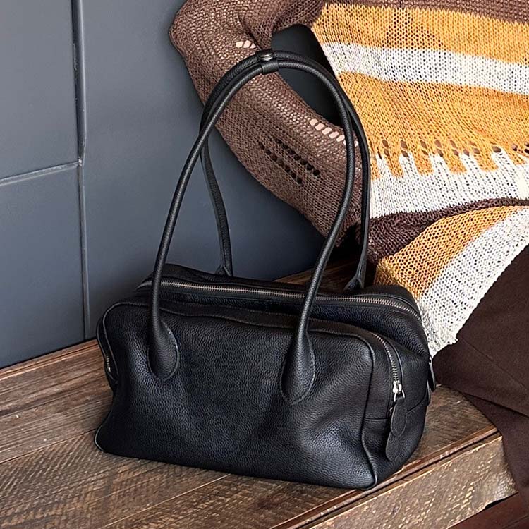 Genuine Leather Boston Bag | Large Capacity Underarm Tote & Bowling Shoulder Bag