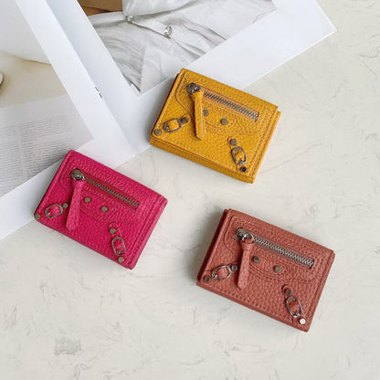 Soft Leather Short Trifold Wallet Woman Genuine Leather Wallet Zipper Coin Purse