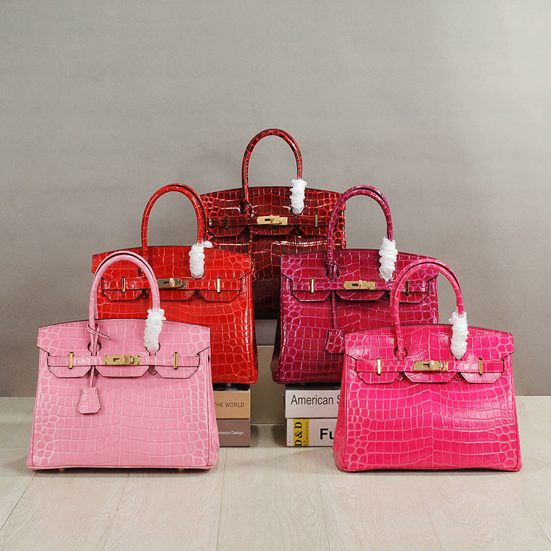 Crocodile Pattern Glossy Leather Handbags for Woman | Golden Hardware