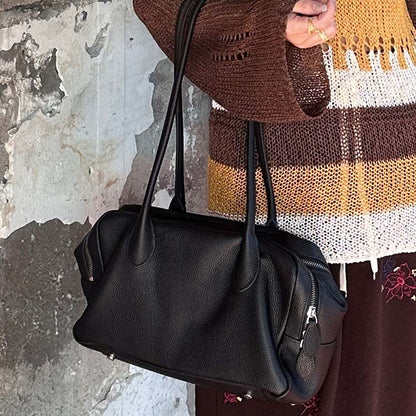 Genuine Leather Boston Bag | Large Capacity Underarm Tote & Bowling Shoulder Bag