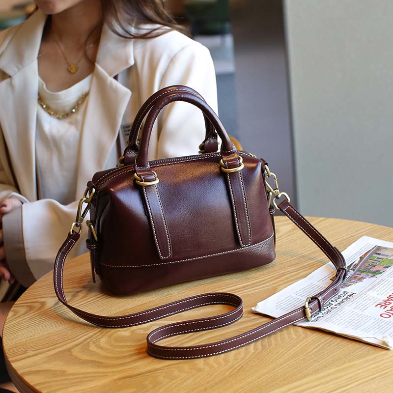 Vegetable-tanned Leather Boston Bag | Cowhide Crossbody Handbag