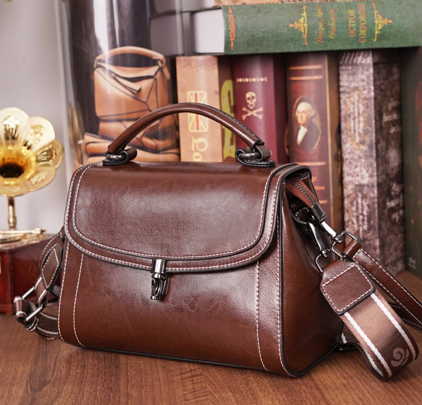 Genuine Leather Handbag - Top Grain Cowhide Square Bag