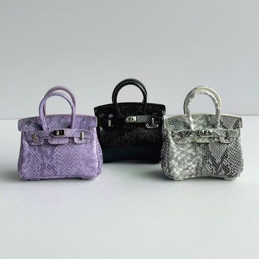 Inspired Mini Burkin Handbag Charm Snakeskin textured Glossy Leather Earphone Storage Bag
