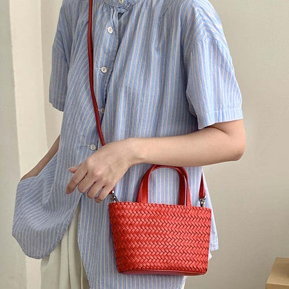 Woven Cowhide Tote Bag — Holiday-Style Small Woven Leather Crossbody Bag