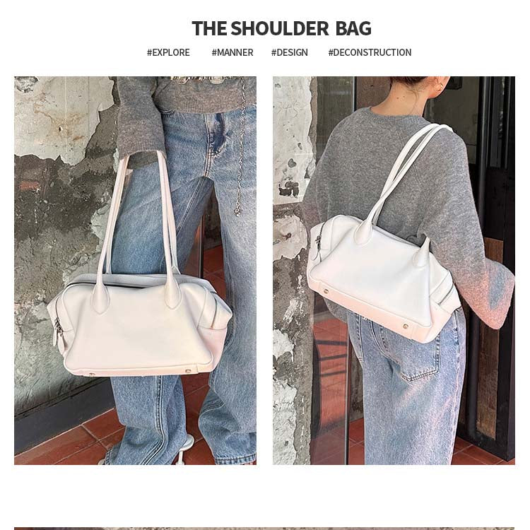 Genuine Leather Boston Bag | Large Capacity Underarm Tote & Bowling Shoulder Bag