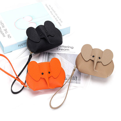 Cartoon Elephant Change Purse Top Grain Leather Card Holder