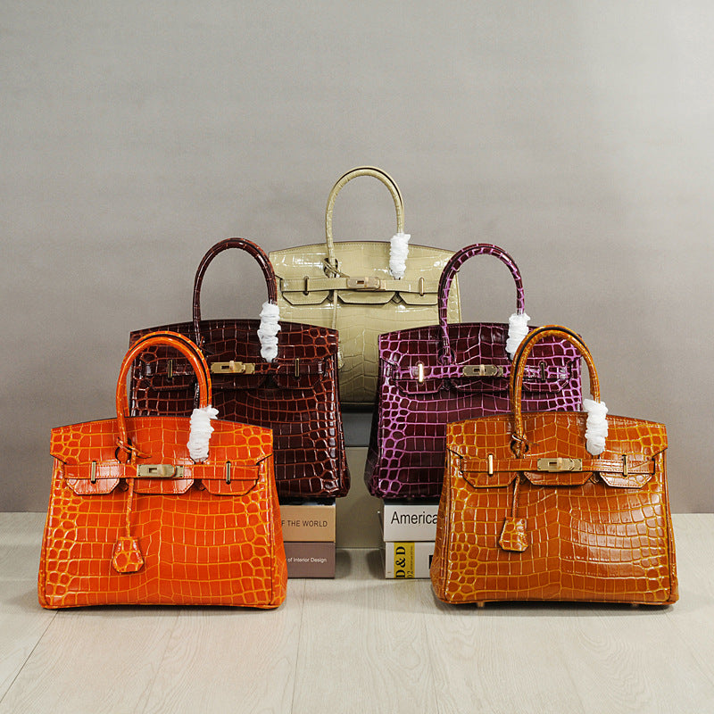 Crocodile Pattern Glossy Leather Handbags for Woman | Golden Hardware