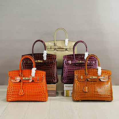 Crocodile Pattern Glossy Leather Handbags for Woman | Golden Hardware