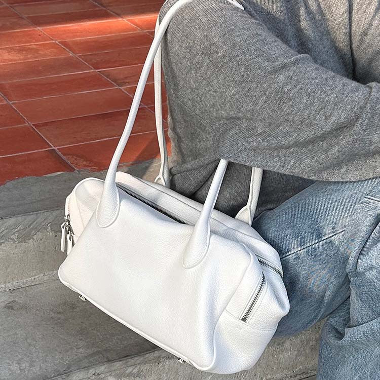 Genuine Leather Boston Bag | Large Capacity Underarm Tote & Bowling Shoulder Bag