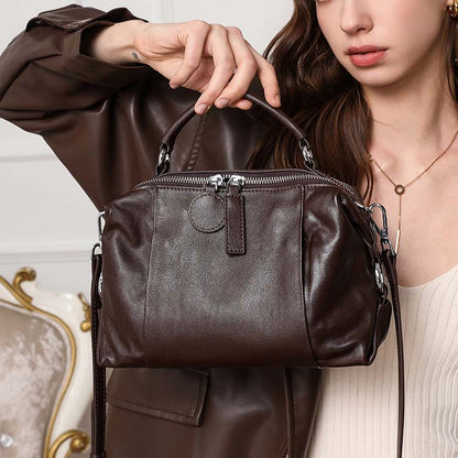 Vintage Cowhide Boston Bag | Luxury Leather Crossbody Satchel