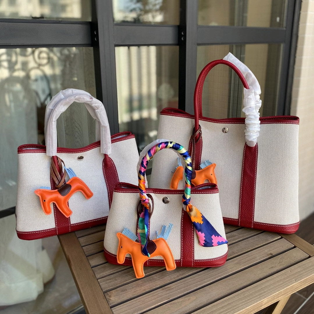 Canvas & Leather Inspired Garden Party Bag Contrast Color Handbags for Woman