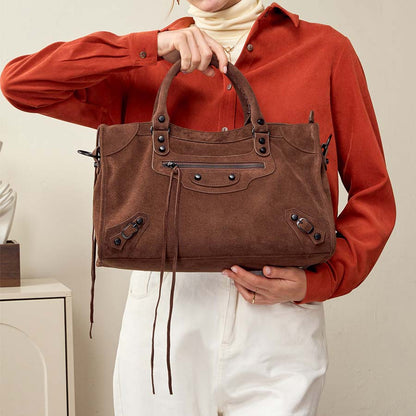 Nubuck Leather Moto City Tote Bag - Large Studded Hobo Purse