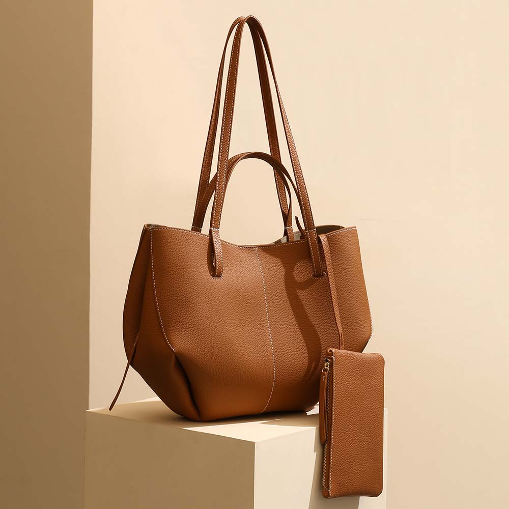 Genuine Leather Pleated Tote Bag Large Capacity Handbag with Pouch